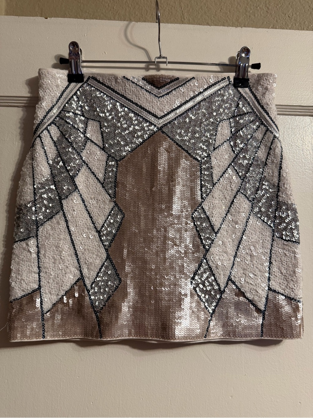 Express Sequin Geo Mini Skirt in Silver and Cream